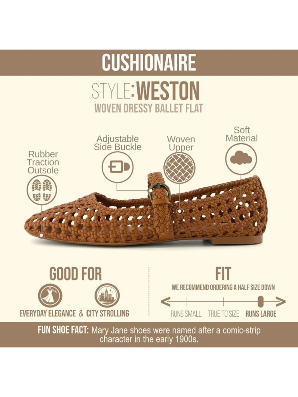 Women's Cognac Woven Comfortable Braided Adjustable Buckle Mary Jane Ballet Flat - Picture 4 of 6